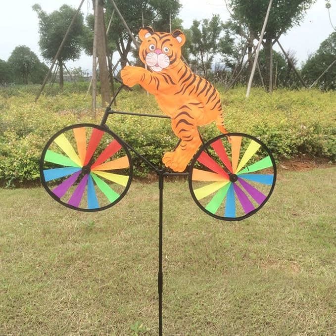 3D Animal on Bike DIY Windmill, Lawn Yard Garden Colorful Wind Spinner Decor (Tigle)