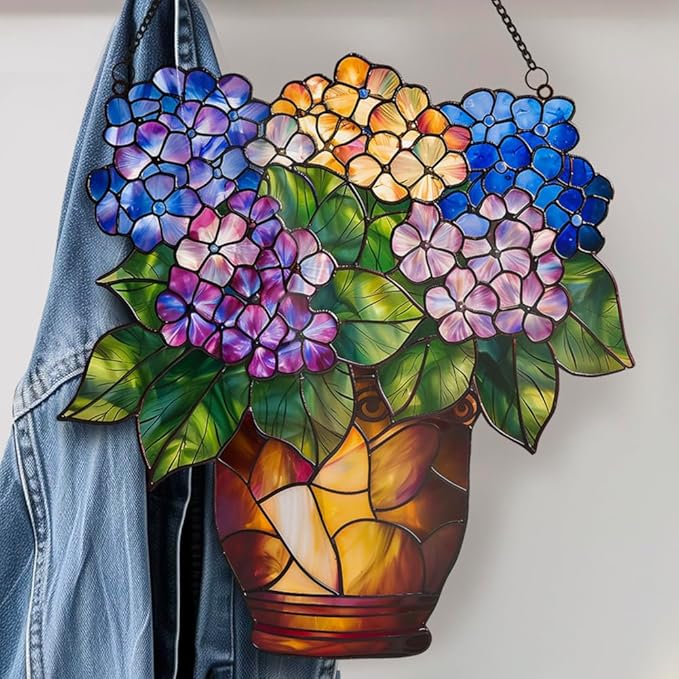 Hydrangea Flower Acrylic Window Hanging,Colorful Flowerpot Hanging,Stained Acrylic Hydrangea Flower Sun Catcher for Home Office Wall Window Decor