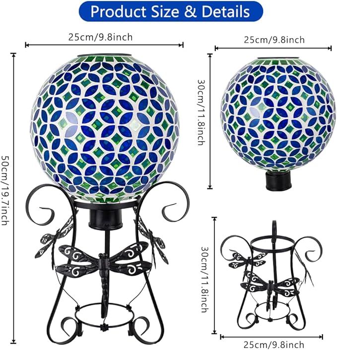 Stargarden Solar Gazing Ball, 10”Glass Gazing Globe, Mosaic Gazing Balls with Metal Ball Stand for Patio, Lawn, Garden Decor(Blue)