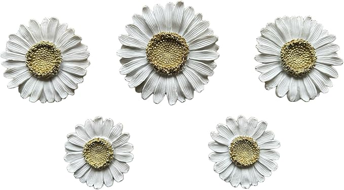 Waowumar Flowers Wall Decor White and Gold Floral Wall Hangings Resin Daisy Wall Art