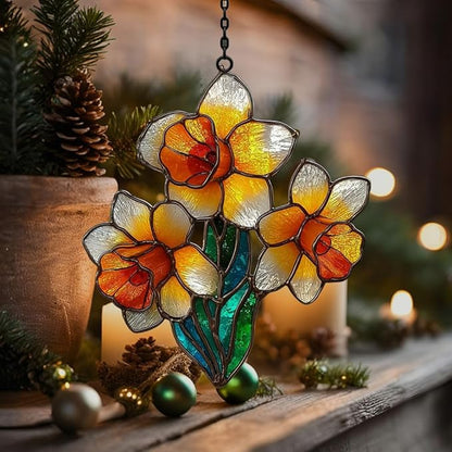 Daffodil Faux Mosaic Style Acrylic Suncatcher Stained Glass Effect Window Car Hanging Christmas Ornament Indoor Outdoor Decor Garden Sun Catcher Panel for Floral Lover for Women Mom Grandma
