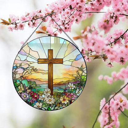 Stained Glass Window Hanging, Cross and Wildflowers Suncatcher for Window Doors Garden Home Decoration, Easter Glass Panel Ornaments for Women,Men,Wife, Lovers, and Mom, God's Promises Day Gift 7.8 in
