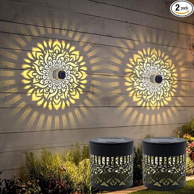 Decorative Solar Mandala Lights, Solar Mandalas Lights Outdoor, Waterproof and Windproof, Metal Solar Powered Outdoor Deck Step Wall Lights, for Garden Post Patio Backyard Yard Decor (2 PCS)