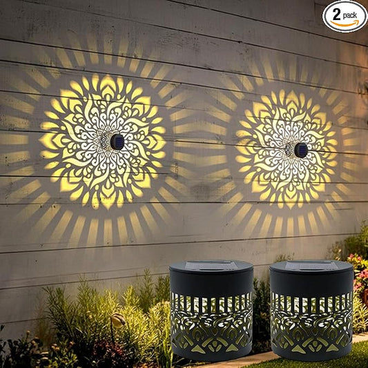 Decorative Solar Mandala Lights, Solar Mandalas Lights Outdoor, Waterproof and Windproof, Metal Solar Powered Outdoor Deck Step Wall Lights, for Garden Post Patio Backyard Yard Decor (2 PCS)