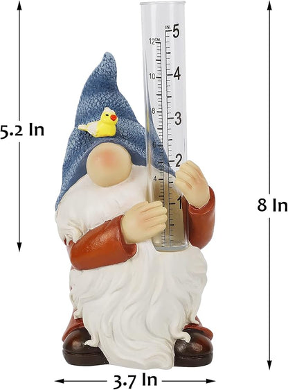 FORUP Resin Gnome Rain Gauge, Hand Painted Gnome Statue with Plastic Rain Gauge