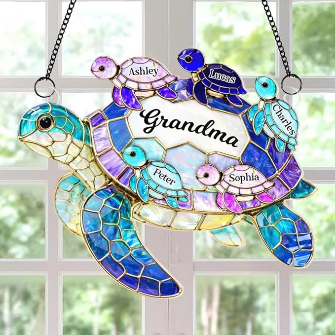Personalized Sea Turtle Family Sun Catcher Gift for Mom Grandma, Custom Grandma and Grandkids Turtle Acrylic Window Hanging Decor Gift for Mothers Day, Faux Stained Glass Ocean Decor