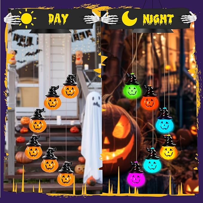 GlikCeil Halloween Solar Wind Chimes 27.5Inch Halloween Decorations Outside Waterproof Hanging LED for Yard, Porch, Patio, Party, Color Changing Eyeballs Ghost Lights (Pumpkin)
