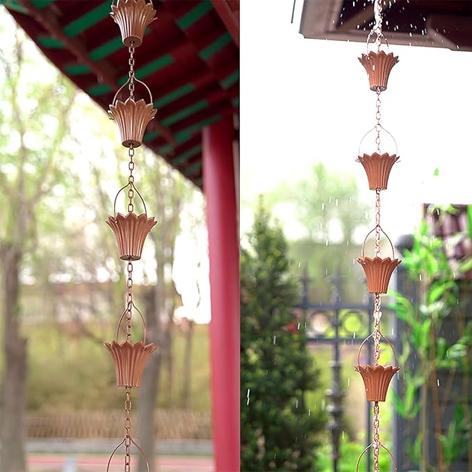 Copper Plated Rain Chain for Outside Downspouts,Adjustable Rain Catcher Chain for Eaves Drainage,Decorative Metal Hanging Flower Spiral Rain Bells(B)