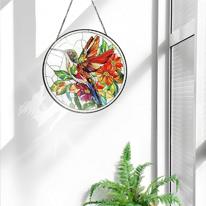 Bimkole Hummingbird Stained Glass Suncatcher Window Hanging - Flowers Design for Indoor Window or Doorway Decoration - 7.87x7.87 inch with Chain and Hook - Unique Home Decor Gift