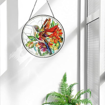 Bimkole Hummingbird Stained Glass Suncatcher Window Hanging - Flowers Design for Indoor Window or Doorway Decoration - 7.87x7.87 inch with Chain and Hook - Unique Home Decor Gift
