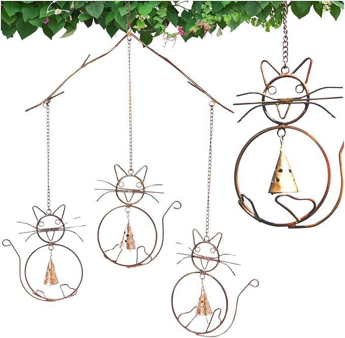 Happy Gardens Cat Wind Chimes with Three Bells | Outdoor Gifts for Cat Lovers | Home Decor for Garden and Patio
