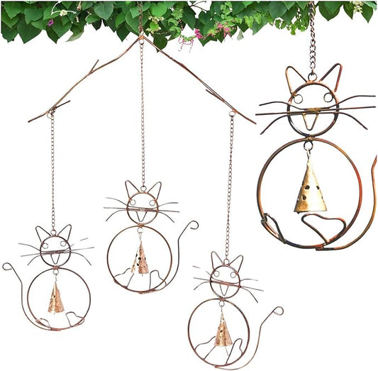 Happy Gardens Cat Wind Chimes with Three Bells | Outdoor Gifts for Cat Lovers | Home Decor for Garden and Patio