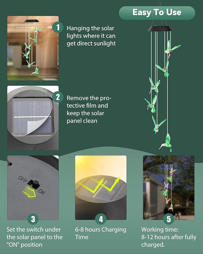 DOUBLEZHE Solar Wind Chimes for Outside, Color Changing Hummingbird Wind Chime Outdoor Clearance, Birthday Gifts for Mom Women Grandma Wife Girls, Unique Decor Colorful Patio Yard Party Decoration