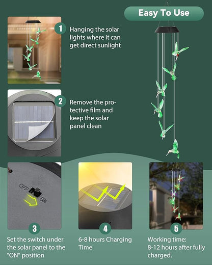 DOUBLEZHE Solar Wind Chimes for Outside, Color Changing Hummingbird Wind Chime Outdoor Clearance, Birthday Gifts for Mom Women Grandma Wife Girls, Unique Decor Colorful Patio Yard Party Decoration