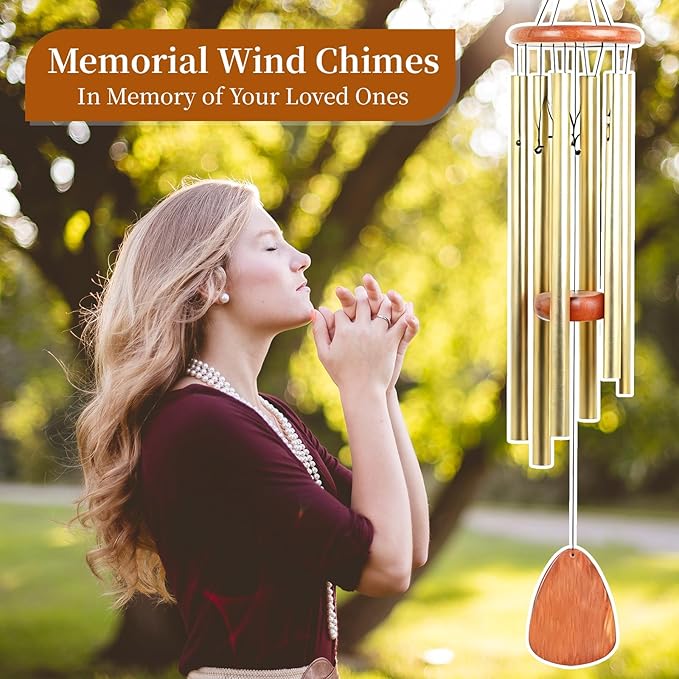 26 Inch Wind Chimes for Outside Deep Tone, Aluminum Memorial Wind Chime, Sympathy Wind Chimes for Loss of Loved One, Memorial Gifts, Outdoor Patio Garden Home Decoration - Gold