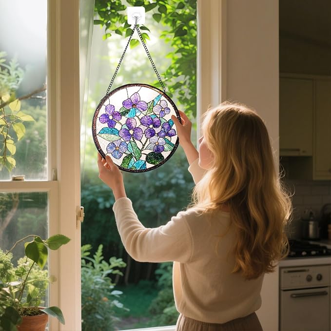Stained Glass Suncatchers Window Hanging, Flowers Sun Catchers Indoor Window Stained Glass Hanging Garden Decor, Birthday Gifts for Mom Grandma Aunt Sister Bestie 7.8 in