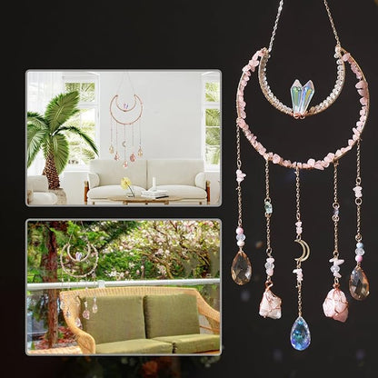 Crystal Suncatcher, Dreamsum Window Suncatchers with Crystals and Stones, Sun Catchers Indoor Window Catcher with Prism Slices, Moon Crystal Suncatchers Gift for Girls, Lover and Mom-Pink