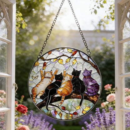 Stained Glass Window Hanging - 5 Happy Kittens on a Branch Suncatcher for Window Doors Home Decoration and Christmas, Mother's Day Birthday Gifts for Women Men Mom 7.8 * 7.8 inch