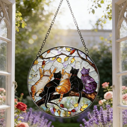 Stained Glass Window Hanging - 5 Happy Kittens on a Branch Suncatcher for Window Doors Home Decoration and Christmas, Mother's Day Birthday Gifts for Women Men Mom 7.8 * 7.8 inch