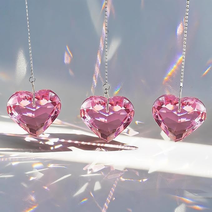 H&D HYALINE & DORA Pink Heart Crystals Suncatcher Hanging Heart Sun Catcher with Chain Pendant Ornament for Window Home Garden Christmas Tree Party Wedding Decor(3 Pack)