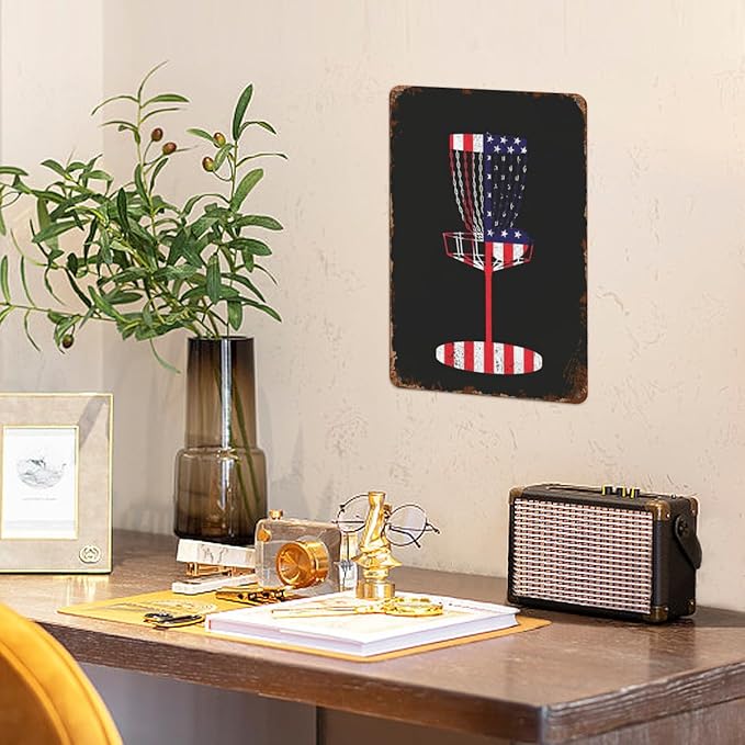 Vintage Tin Signs Cool Us Flag Disc Golf Basket Retro Metal Wall Decor for Home,Garden & Patio Inspirational Quotes & Funny Life Posters 8x12IN