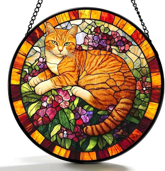 Funoasis Stained Glass Window Hanging Suncatcher, 6.3 Inches - Orange Cat on Purple Flowers, Unique Home Decor for Living Room/Dining Room, Perfect Birthday/Mother's Day for Women