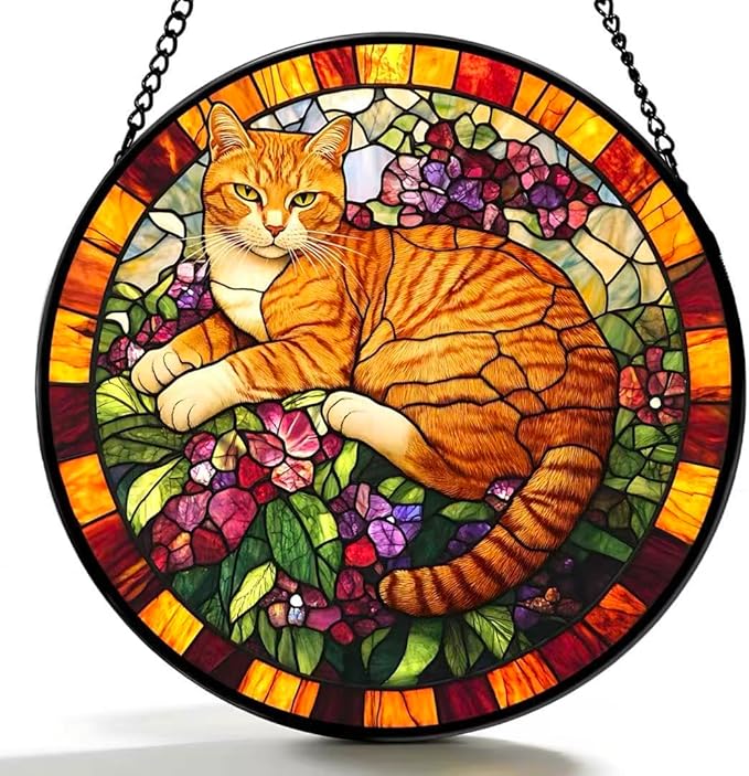 Funoasis Stained Glass Window Hanging 7.8 Inches Suncatcher - an Orange Cat Lying On A Cluster of Purple Flowers Ornaments Sun Catcher Home Decor Women Birthday