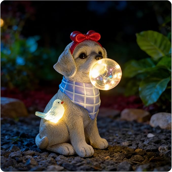 Solar Garden Dog Statue, Detachable Ground Stake, Light Brown Resin Labrador Puppy with LED Bubble and Bird, Waterproof Yard Decor for Patio, Lawn, Porch, Pathway, and Gift Giving