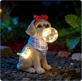 Solar Garden Dog Statue, Detachable Ground Stake, Light Brown Resin Labrador Puppy with LED Bubble and Bird, Waterproof Yard Decor for Patio, Lawn, Porch, Pathway, and Gift Giving