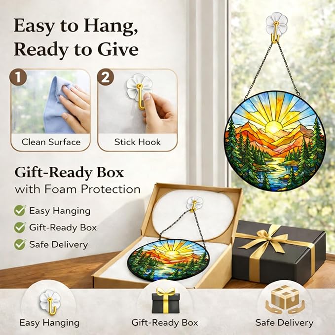 Mountain Sunrise Suncatcher Window Hanging, 7.8" Stained Glass Decor, Nature Gift for Family, Friends and Loved Ones, Scenic Mountain Home Decor for Window, Sunroom, Living Room and Garden