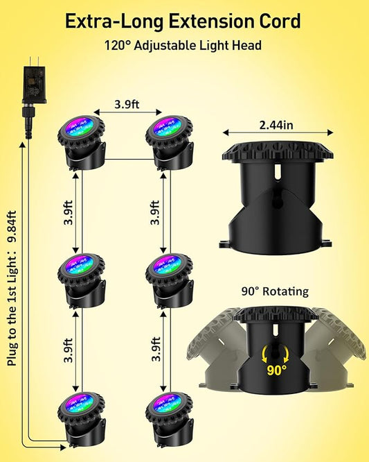 T-SUN LED Pond Lights Underwater, Color Changing Submersible Fountain Lights with APP Control, Waterproof Spotlight with 16 Million Colors, Timing, Music Sync (RGB, 6-Head)
