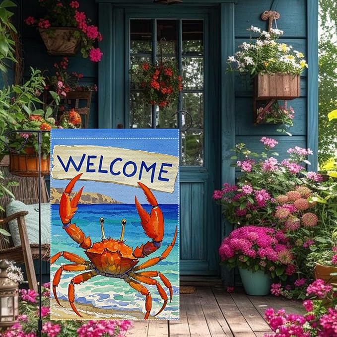 Welcome Crab Garden Flag 12x18 Inch Vertical Double Sided Small Burlap Patio Lawn Holiday Yard Outdoor Decor Outside Decorations
