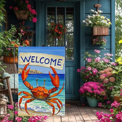 Welcome Crab Garden Flag 12x18 Inch Vertical Double Sided Small Burlap Patio Lawn Holiday Yard Outdoor Decor Outside Decorations