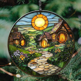Whimsical Vivid Village Mosaic Art Acrylic Suncatcher Stained Glass Effect Window Car Hanging Christmas Ornament Indoor Outdoor Decor Garden Sun Catcher Panel for Scenery Lover for Women Mom Grandma