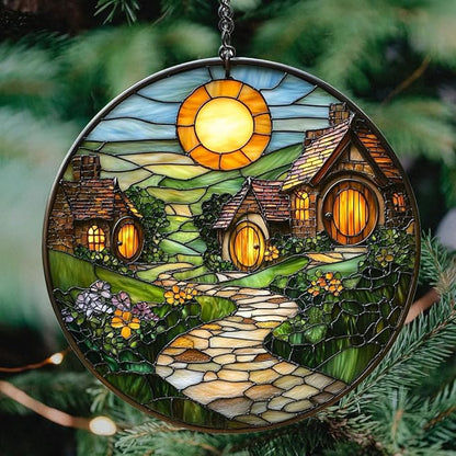 Whimsical Vivid Village Mosaic Art Acrylic Suncatcher Stained Glass Effect Window Car Hanging Christmas Ornament Indoor Outdoor Decor Garden Sun Catcher Panel for Scenery Lover for Women Mom Grandma