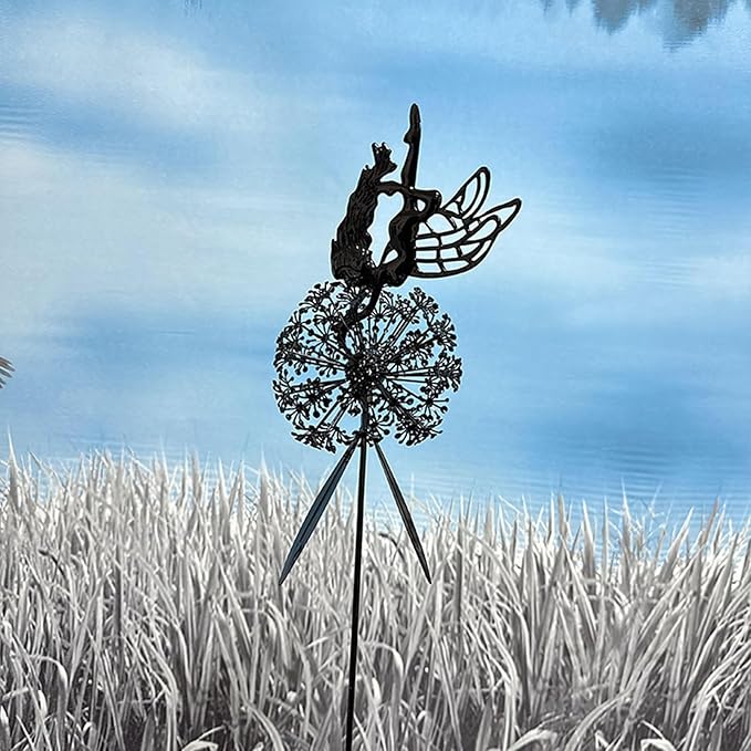 Flower Fairy Dancing with Dandelion Garden Sculpture,Angel Metal Ornaments Stainless Steel Statue Decorations,Wonderland Outdoor Yard Lawn Patio Stakes Sculptures Decor (E)
