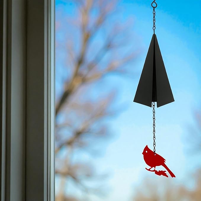 Coastal Country Style Wind Bells Inspired by North Design – Cardinal Bird Geometric Metal Bell Chime with Buoy Catcher for Outdoor Yard Home Decor, Red and Black Windchime for Outside Boothbay Theme