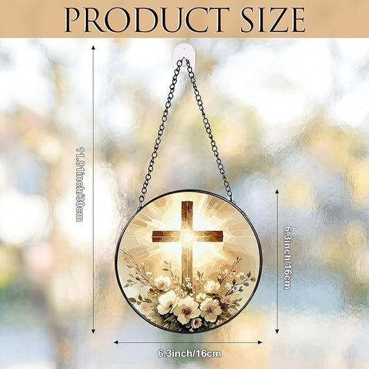 Mifoci 6.3 Inch Stained Glass Window Hanging Cross Suncatchers Indoor Window Christian Gifts for Room Office Decor Aesthetic