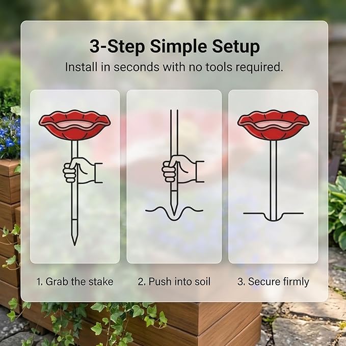 IBHOO Metal Flower Garden Stakes Bird Bath, Handmade Metal Flower Garden Stake, Outdoor Flower Shaped Bee Bath Water Bowl, for Garden Lawn Yard Decor
