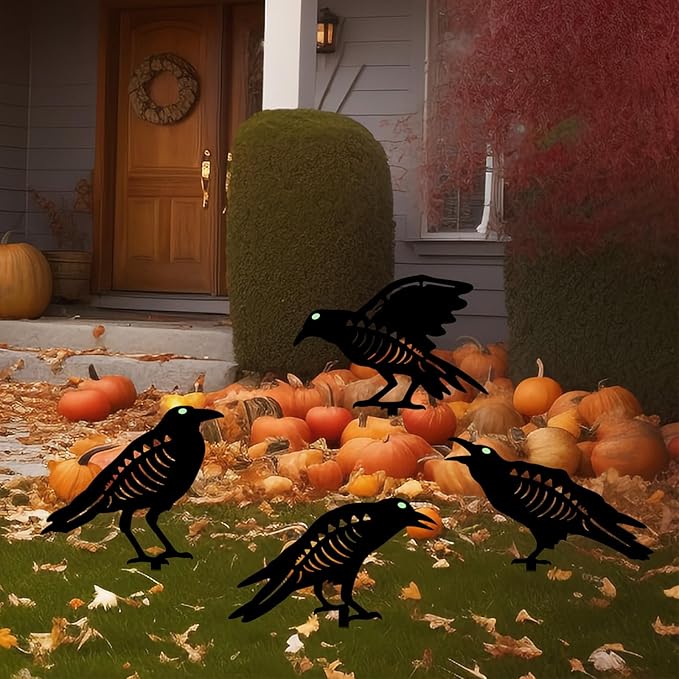 Halloween Decorations Outdoor,Metal 4 Pack Black Crow Garden Stake - Spooky Glow in The Dark Raven Silhouette Crows Halloween Decorations