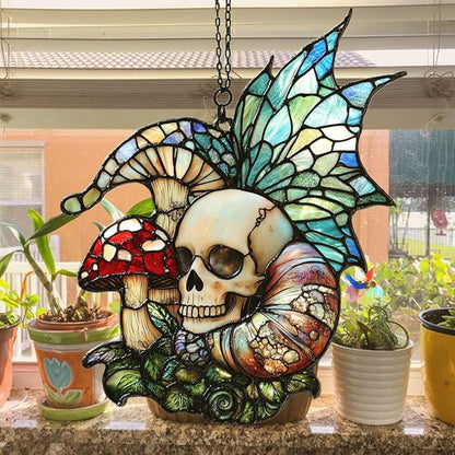 Boho Skeleton Mushroom Acrylic Suncatcher Stained Glass Effect Window Car Hanging Christmas Ornament Indoor Outdoor Decor Garden Sun Catcher Panel for Boho Lover for Women Mom Grandma
