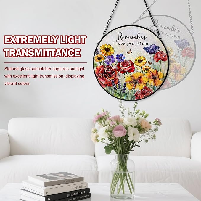Mom Stained Glass Window Hanging, Flower Suncatcher Diamond Glass Panel Hangings, Sun Catchers Windows Wall Art, Christmas Thanksgiving Day, Birthday Gifts for Mom, for Home Office 7.87 inches