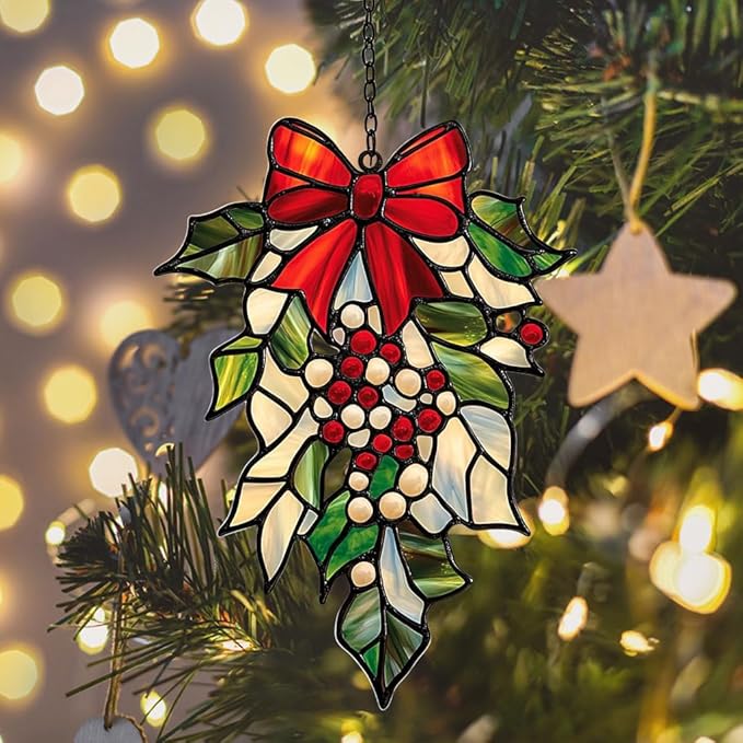 Mistletoe Acrylic Suncatcher Stained Glass Effect Window Car Hanging Christmas Ornament Indoor Outdoor Decor Garden Sun Catcher Panel for Christmas Lover for Women Mom Grandma