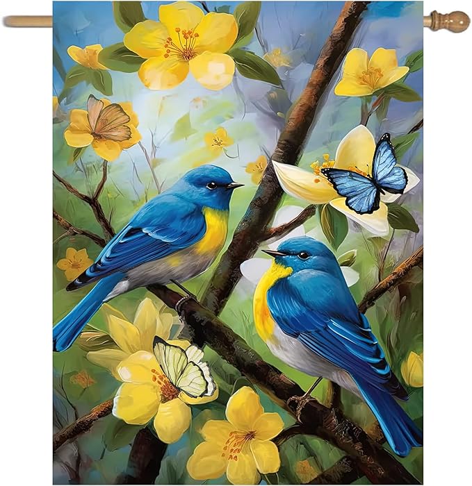 Large Spring Summer House Flags 28x40 Double Sided Bluebird Garden Flag Floral Birds Flag for Outside Porch Yard Outdoor Flower Garden Decor