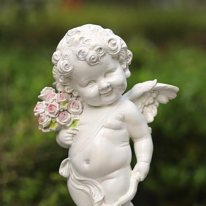 Garden Cupid Angel Statue with Pink Roses, White Cherub Figurine, Outdoor Indoor Decorative Sculpture