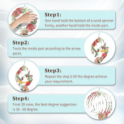 Hummingbird Wind Spinners Outdoor, Hanging Wind Spinner for Garden Decoration, 8 inch 3D Stainless Steel Metal Wind Sculpture for Indoor/Outdoor Decor