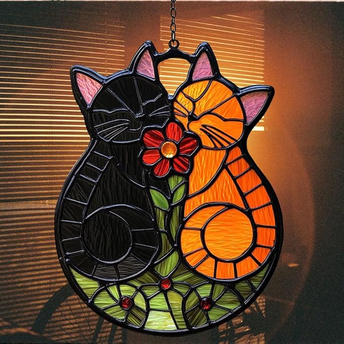 Cute Loving Couple Cats Acrylic Suncatcher Stained Glass Effect Window Car Hanging Christmas Ornament Indoor Outdoor Decor Garden Sun Catcher Panel Gifts for Cat Lover for Women Mom Grandma
