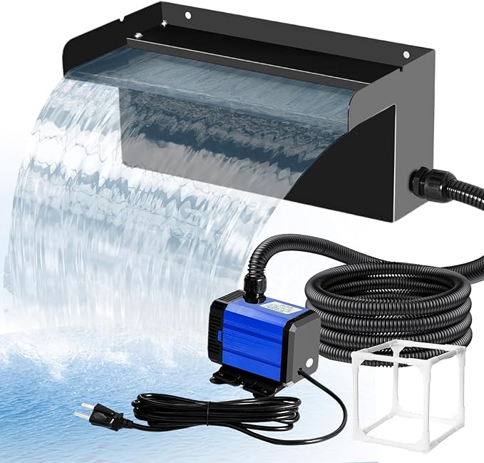 Upgraded Outdoor Pond Waterfall Kit with 50W Pump - 825 GPH Water Flow, 12.2 Inch Adjustable Waterfall Spillway & Extra Long Hose for Garden Ponds, Backyard Water Features (upgrade)