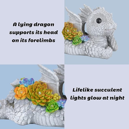 Garden Dragon Statue Outdoor Decor, Dragon Garden Sculpture Waterproof Solar LED Lights Resin Succulent Decorations for Outside Lawn Patio Patio Yard Ornament Gifts