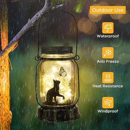 Cat Lover Gifts for Mom/Grandma/Women/Sister Cat Butterfly Solar Light Gifts Mother Day Gift Solar Lanterns Outdoor Waterproof Fairy Lights Led Mason Jar Hanging Cat Lamps Decor for Garden Yard